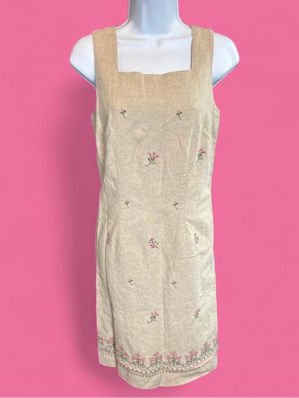 Vintage 90’s Coldwater Creek- sleeveless linen dress w/floral embroidery